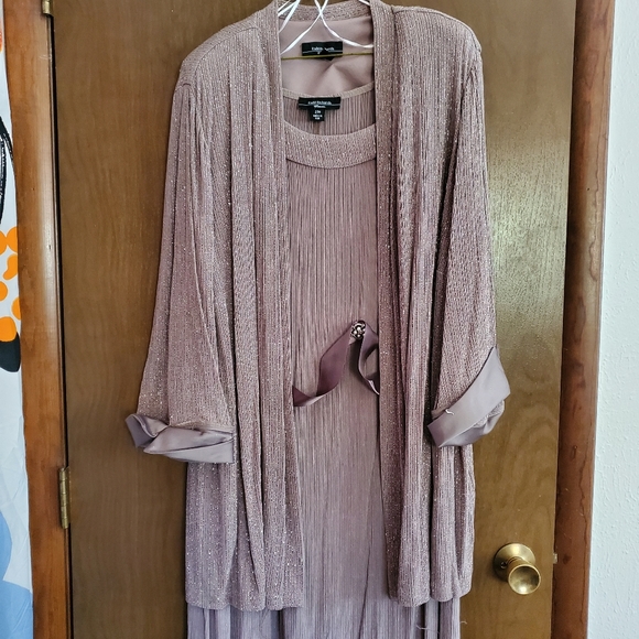 R&M Richards Shimmery Pleated Dress w/ Overlayer and Belt Accents - Picture 2 of 6
